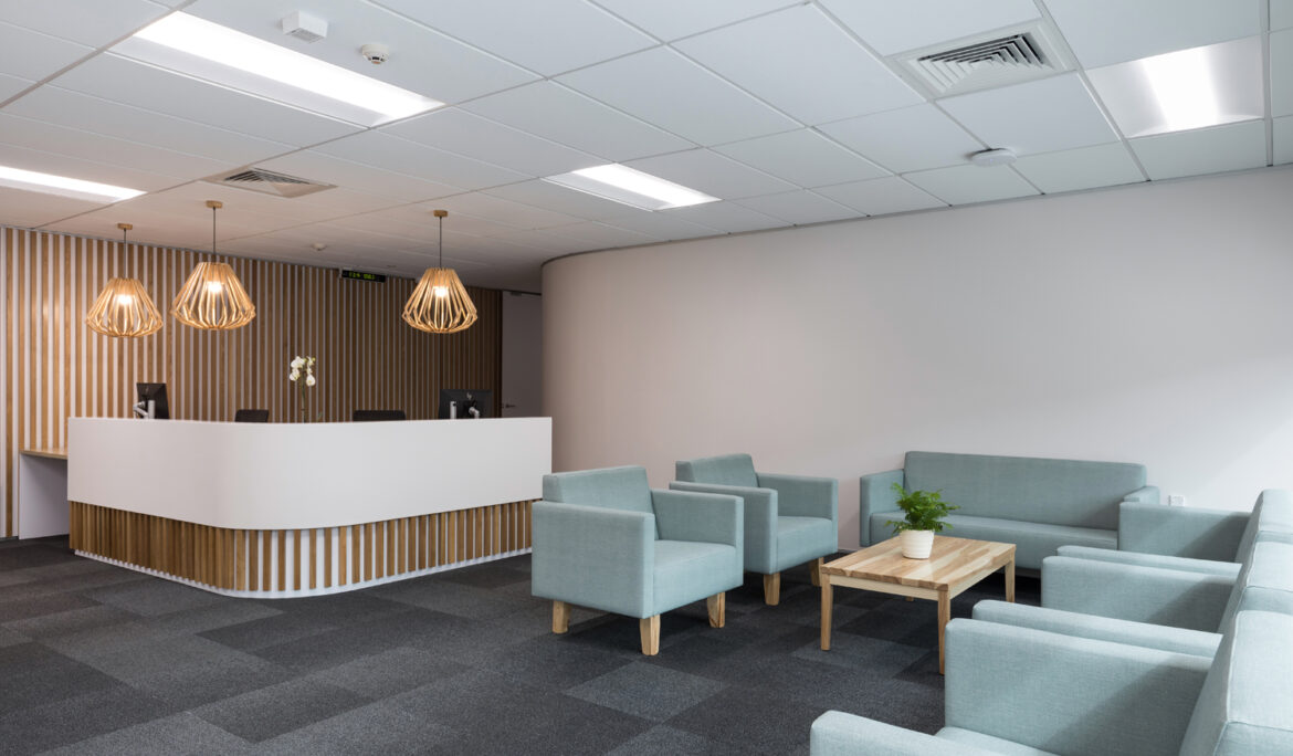 Modern office reception with seating area