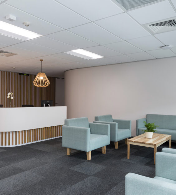 Modern office reception with seating area