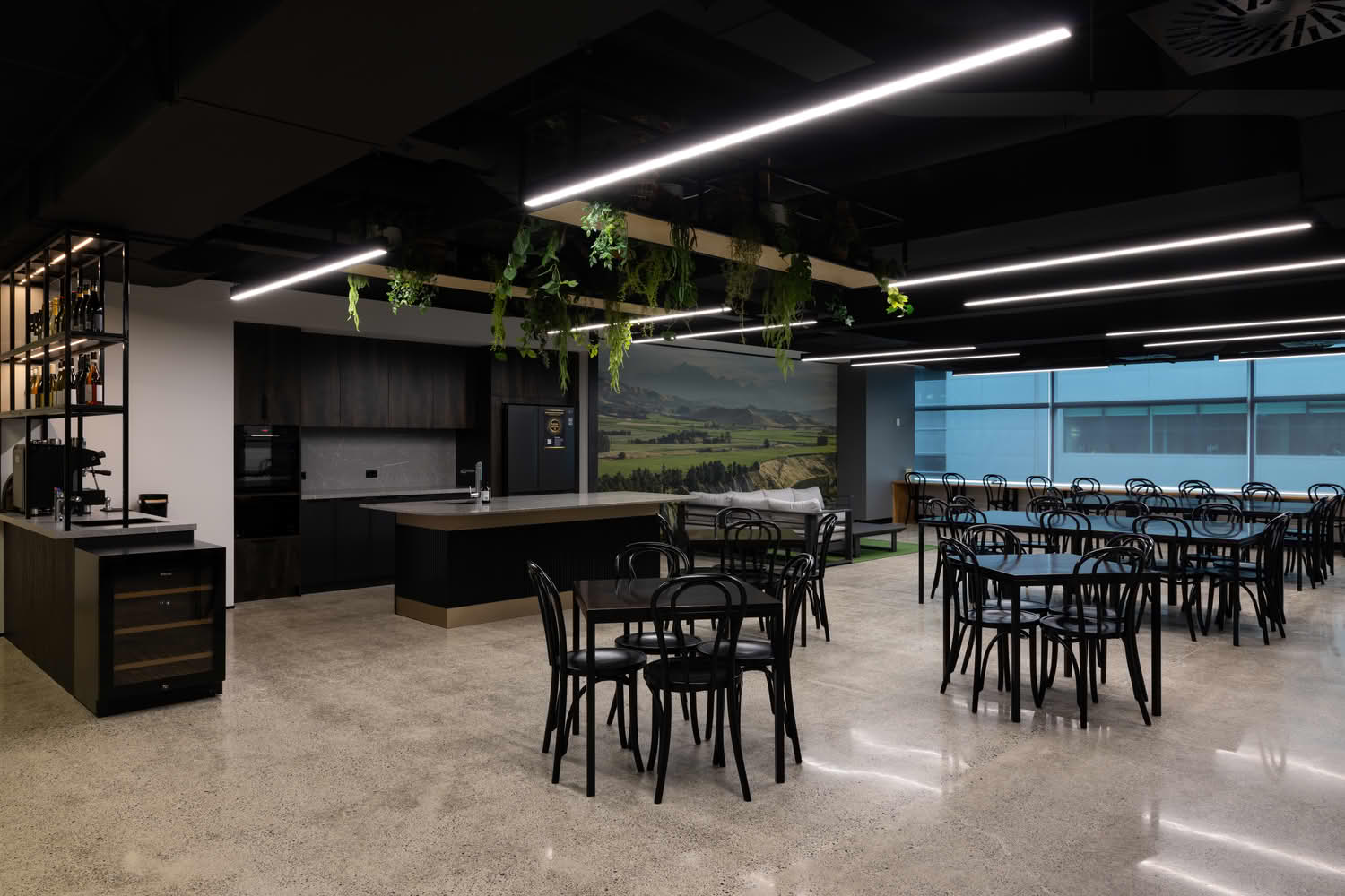 Modern office kitchen and dining area interior