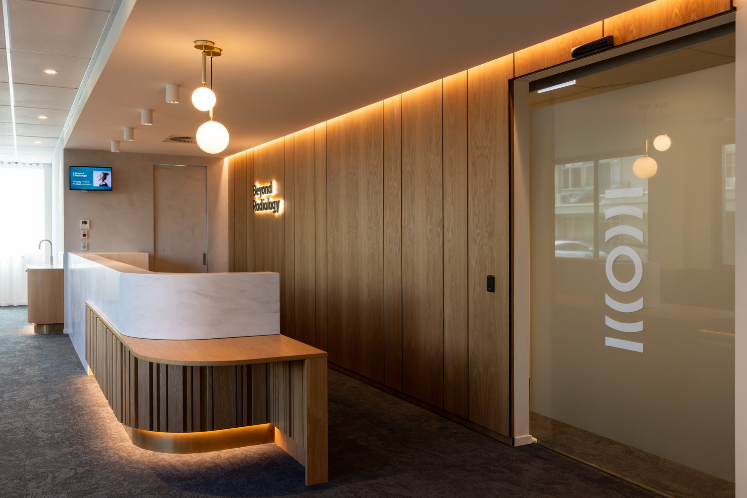 Modern radiology clinic reception with wooden interior design