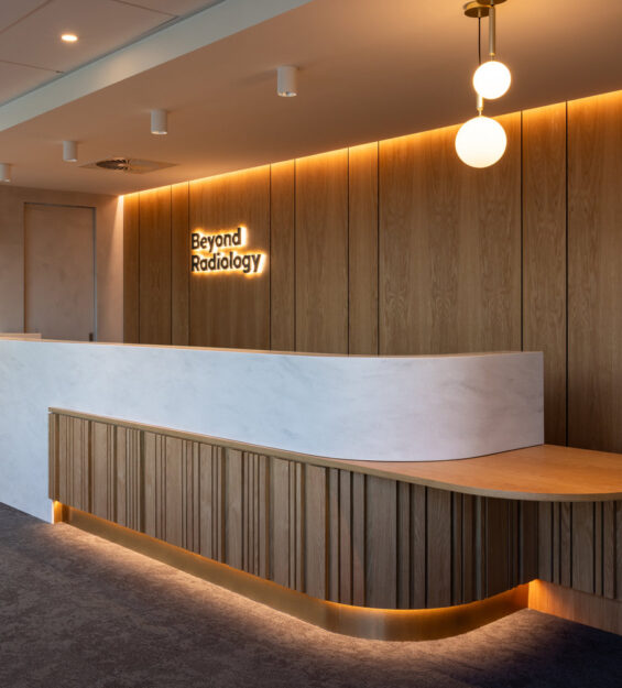 Modern radiology clinic reception with wooden design