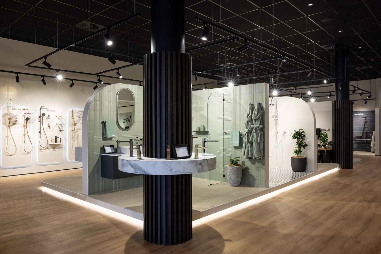 Modern bathroom showroom with showers and sinks display