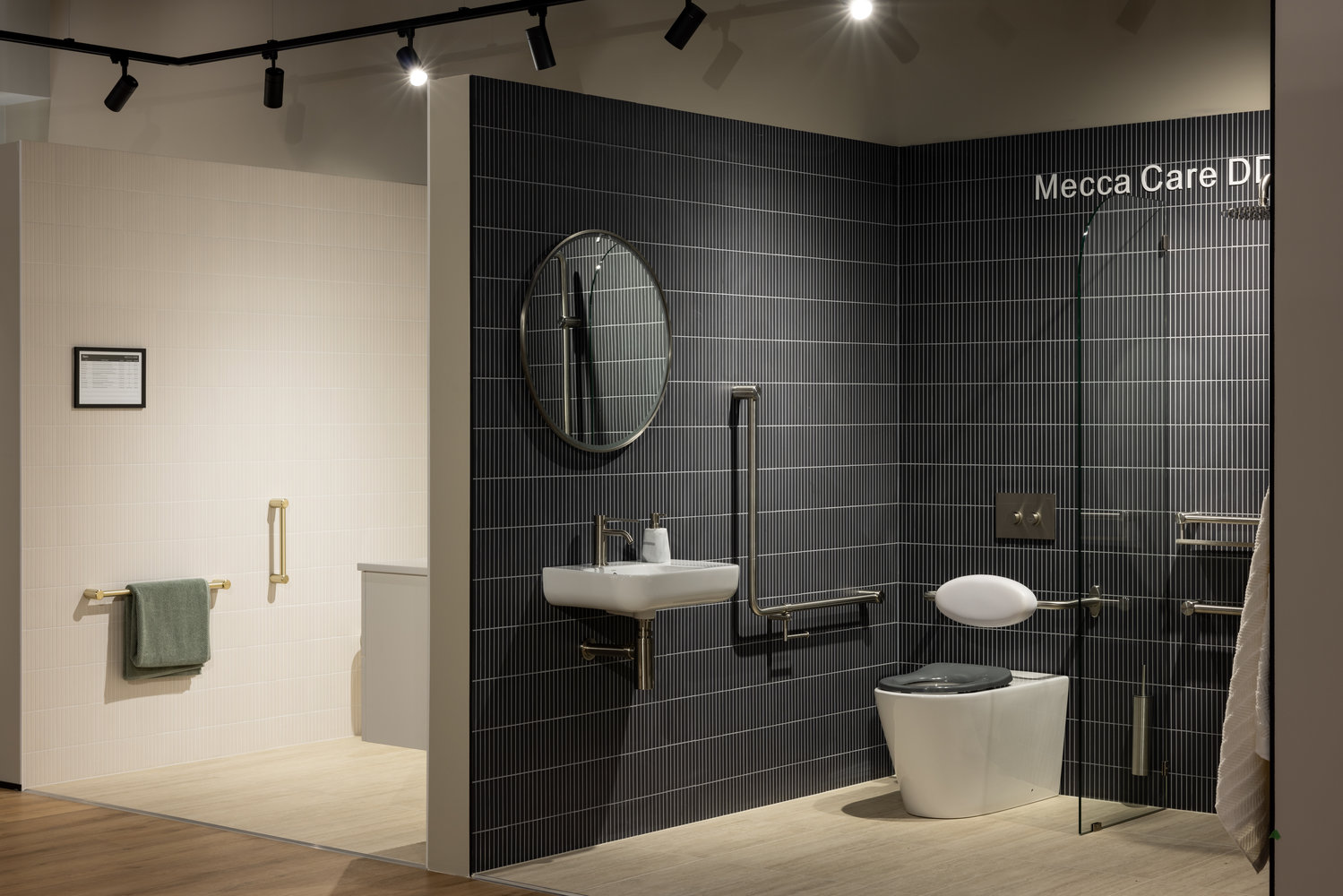 Modern accessible bathroom with dark tiles and fixtures