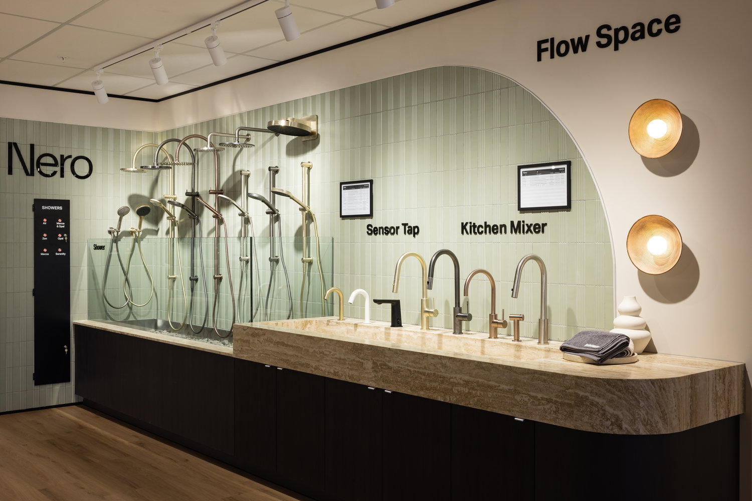 Modern showroom displaying taps and shower heads