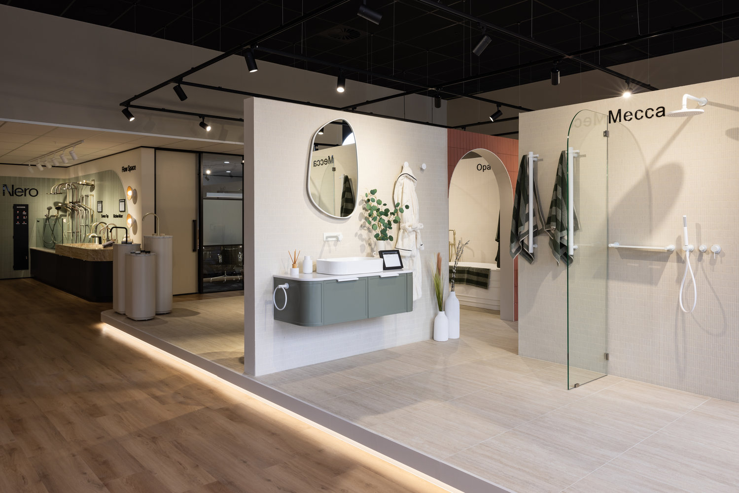 Modern bathroom showroom with stylish fixtures and lighting