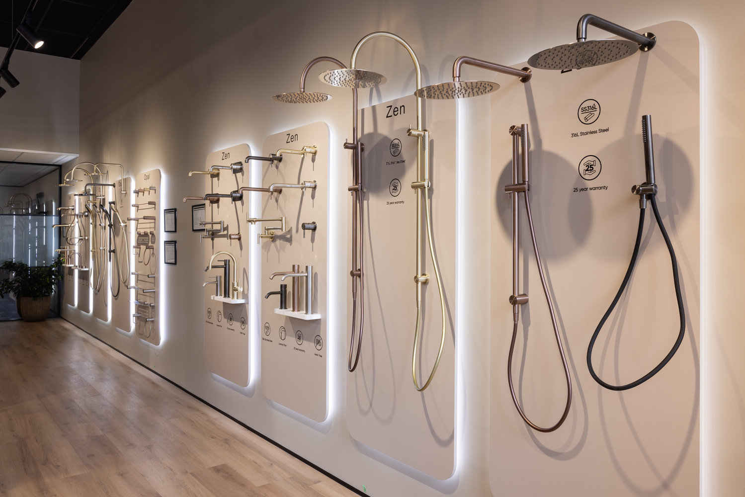 Modern bathroom tap and shower display wall