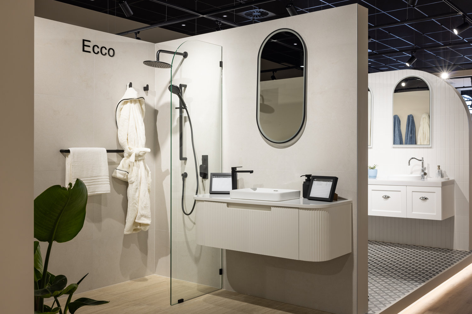 Modern bathroom with shower and vanity display