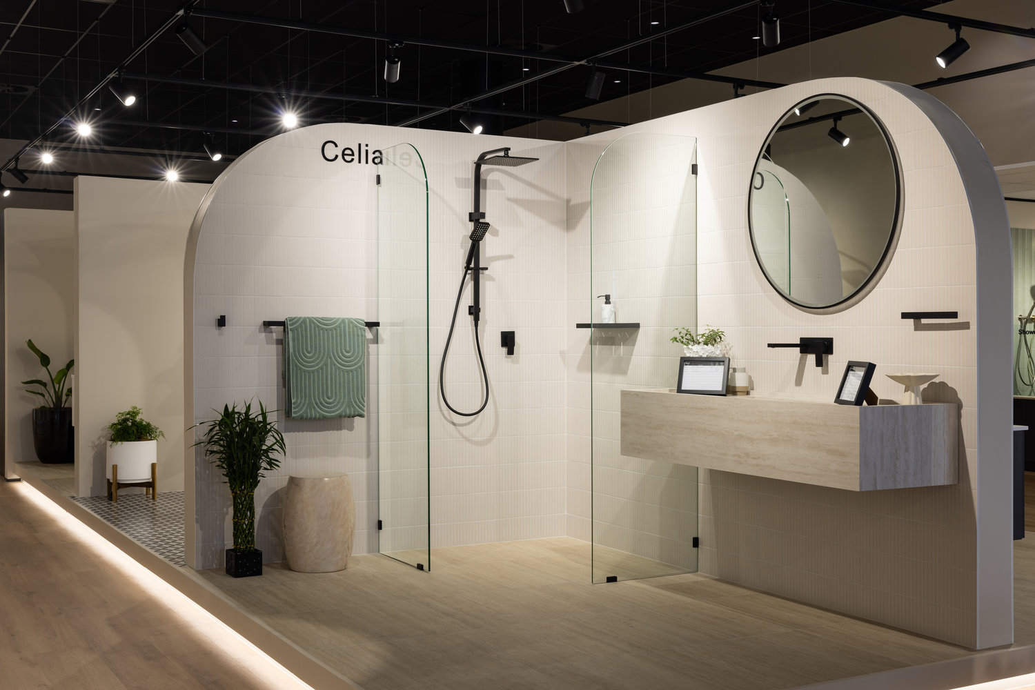 Modern bathroom display with shower and vanity