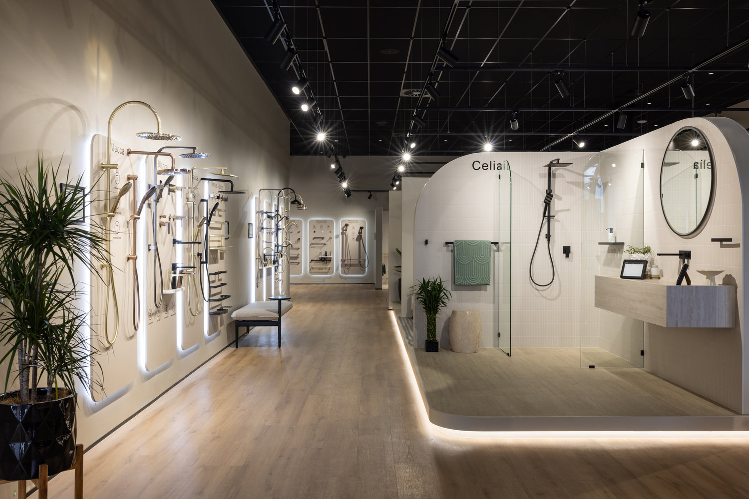 Modern bathroom showroom with showers and fittings display