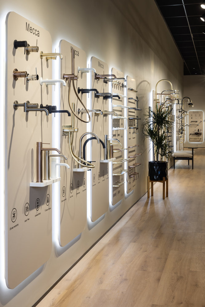 Modern showroom displaying stylish bathroom taps