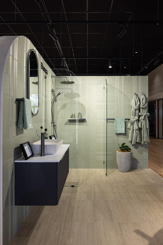 Modern bathroom with glass shower and vanity