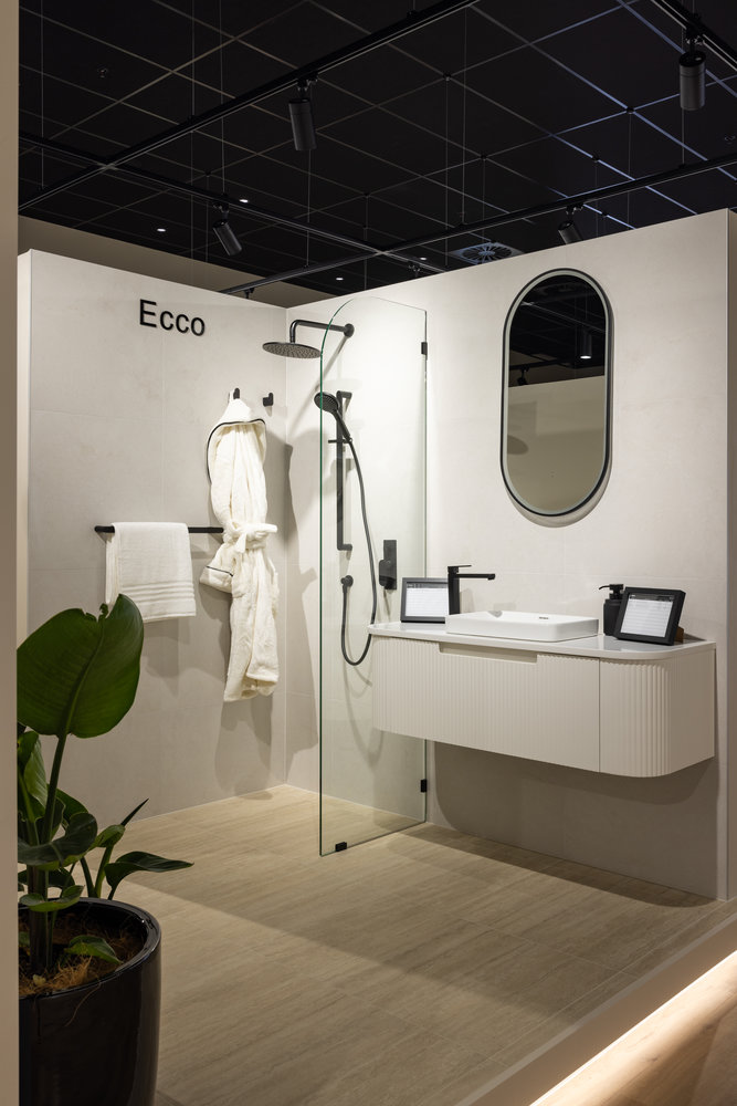 Modern bathroom with glass shower and vanity