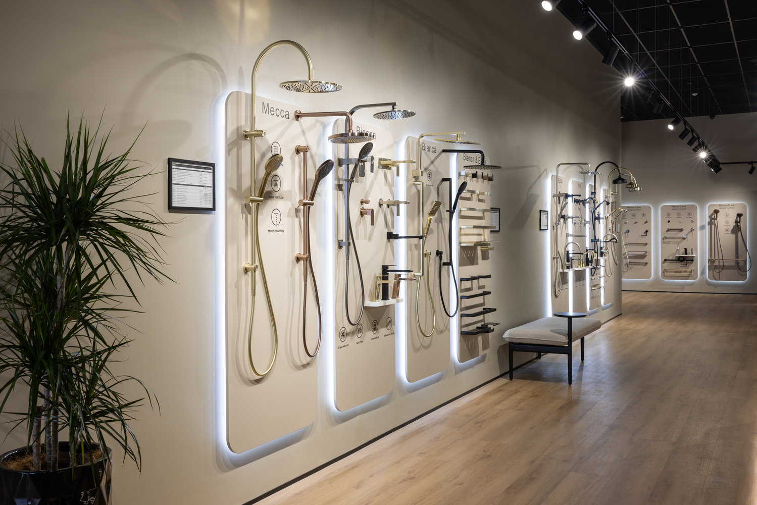 Modern showroom displaying various shower fixtures
