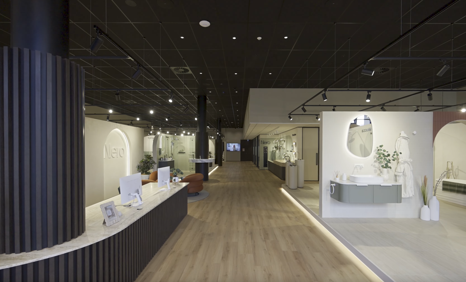 Modern bathroom showroom with stylish fixtures and lighting