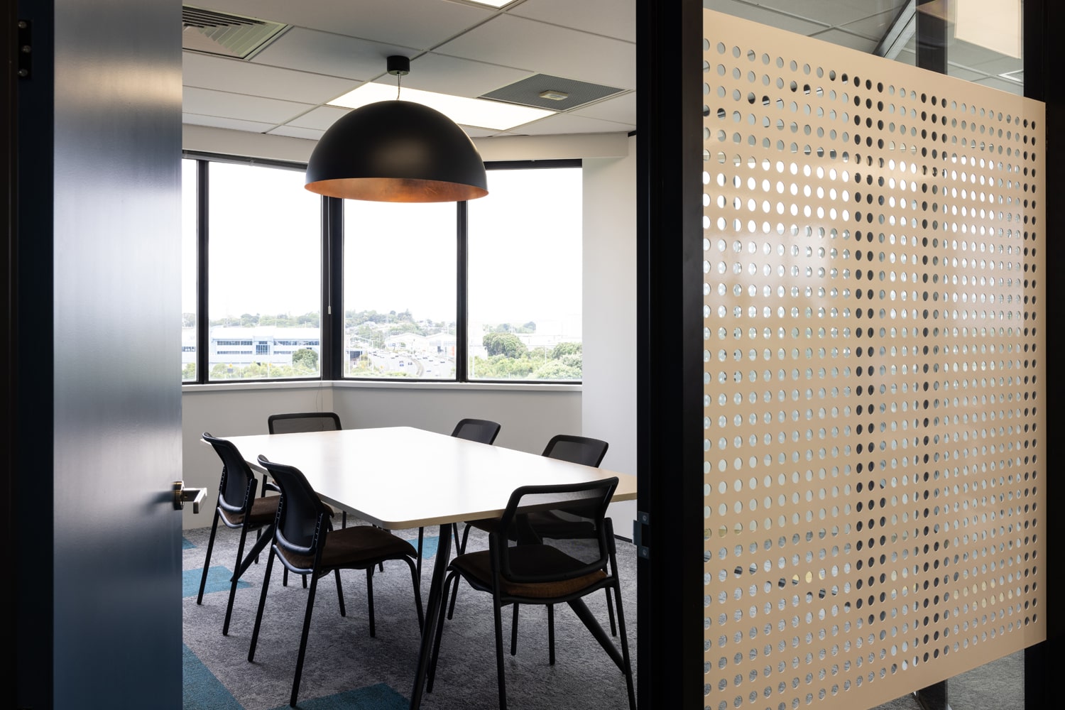 Modern office meeting room with city view